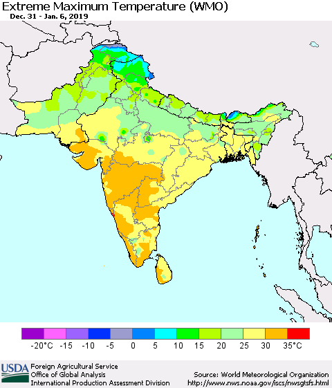 Southern Asia Maximum Daily Temperature (WMO) Thematic Map For 12/31/2018 - 1/6/2019