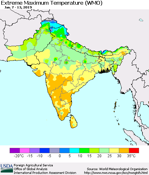 Southern Asia Maximum Daily Temperature (WMO) Thematic Map For 1/7/2019 - 1/13/2019