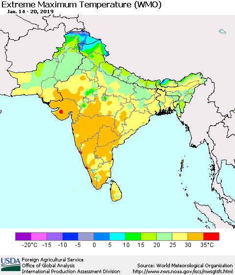Southern Asia Maximum Daily Temperature (WMO) Thematic Map For 1/14/2019 - 1/20/2019