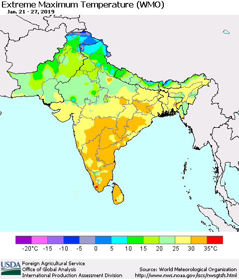 Southern Asia Maximum Daily Temperature (WMO) Thematic Map For 1/21/2019 - 1/27/2019