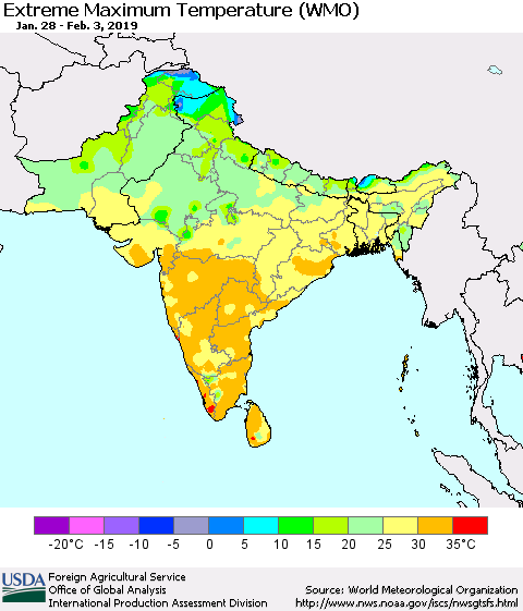 Southern Asia Maximum Daily Temperature (WMO) Thematic Map For 1/28/2019 - 2/3/2019