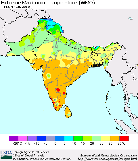 Southern Asia Maximum Daily Temperature (WMO) Thematic Map For 2/4/2019 - 2/10/2019