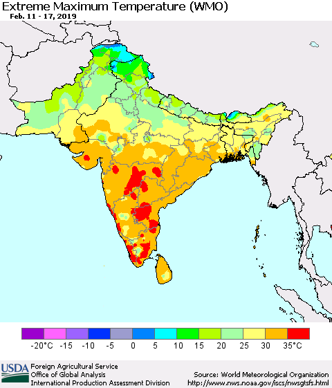 Southern Asia Maximum Daily Temperature (WMO) Thematic Map For 2/11/2019 - 2/17/2019