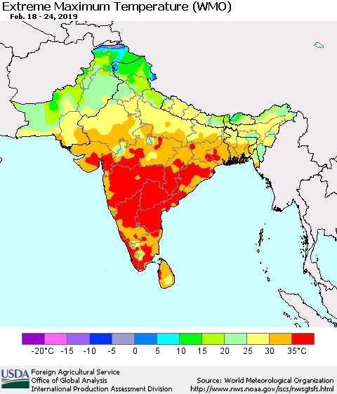 Southern Asia Maximum Daily Temperature (WMO) Thematic Map For 2/18/2019 - 2/24/2019