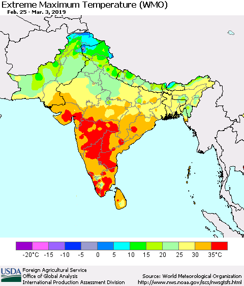 Southern Asia Maximum Daily Temperature (WMO) Thematic Map For 2/25/2019 - 3/3/2019