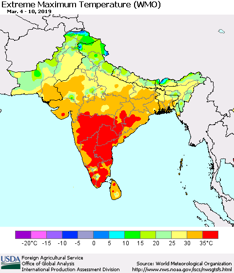 Southern Asia Maximum Daily Temperature (WMO) Thematic Map For 3/4/2019 - 3/10/2019