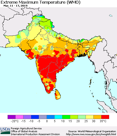 Southern Asia Maximum Daily Temperature (WMO) Thematic Map For 3/11/2019 - 3/17/2019