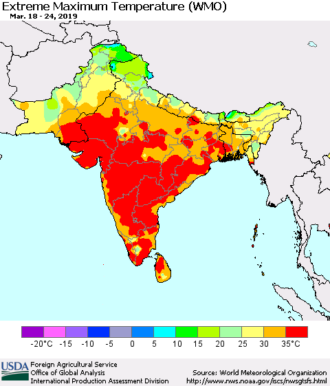 Southern Asia Maximum Daily Temperature (WMO) Thematic Map For 3/18/2019 - 3/24/2019