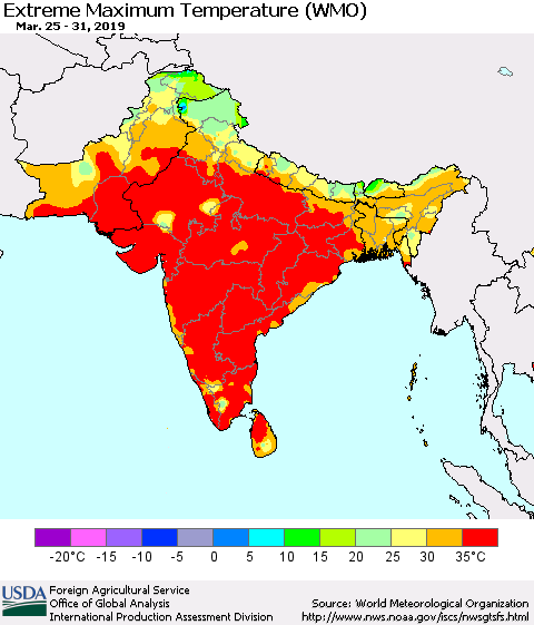 Southern Asia Maximum Daily Temperature (WMO) Thematic Map For 3/25/2019 - 3/31/2019