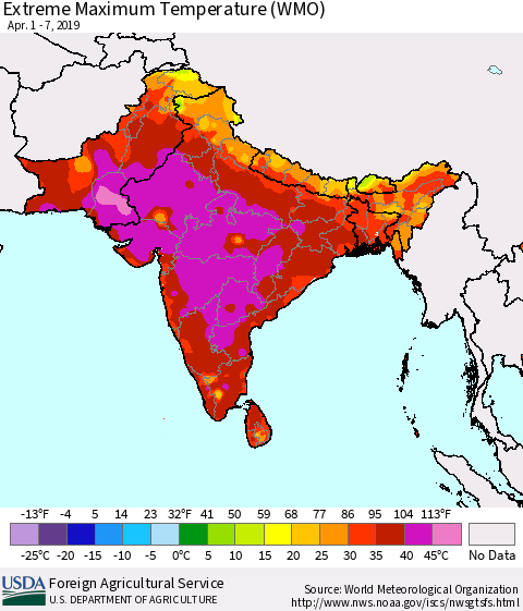 Southern Asia Maximum Daily Temperature (WMO) Thematic Map For 4/1/2019 - 4/7/2019