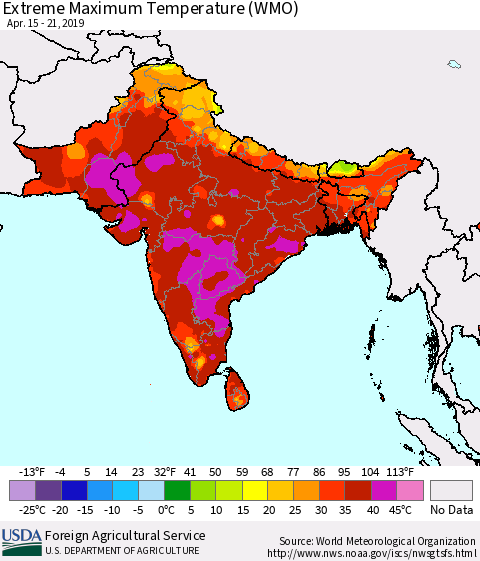 Southern Asia Maximum Daily Temperature (WMO) Thematic Map For 4/15/2019 - 4/21/2019