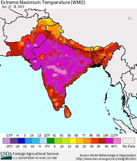 Southern Asia Maximum Daily Temperature (WMO) Thematic Map For 4/22/2019 - 4/28/2019