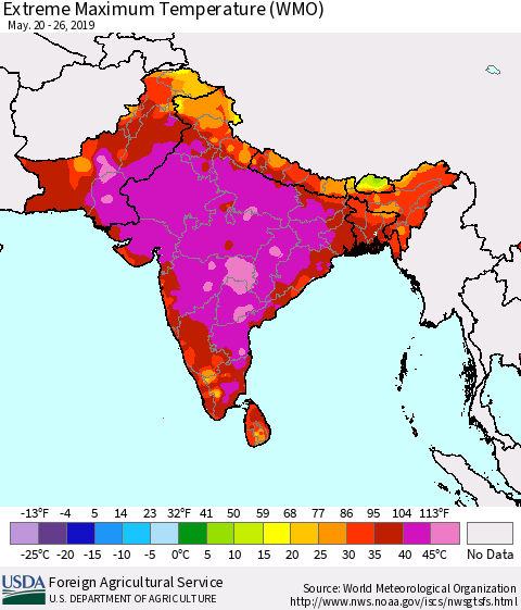 Southern Asia Extreme Maximum Temperature (WMO) Thematic Map For 5/20/2019 - 5/26/2019