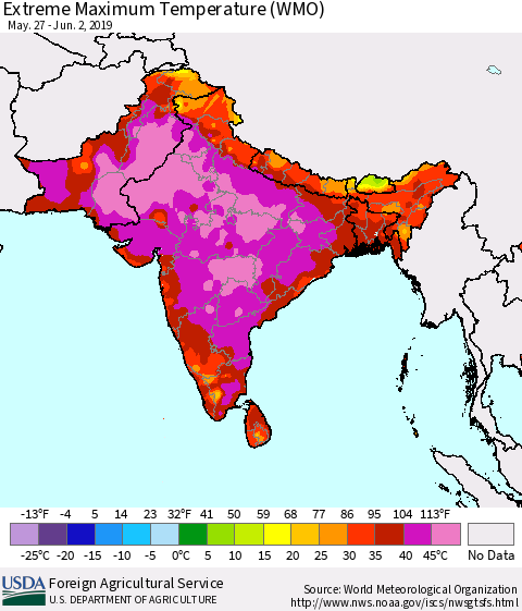 Southern Asia Extreme Maximum Temperature (WMO) Thematic Map For 5/27/2019 - 6/2/2019
