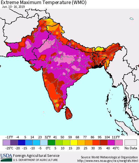 Southern Asia Extreme Maximum Temperature (WMO) Thematic Map For 6/10/2019 - 6/16/2019
