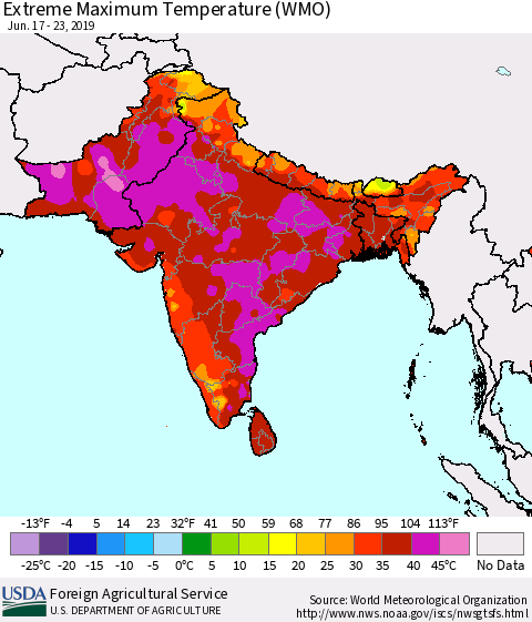 Southern Asia Extreme Maximum Temperature (WMO) Thematic Map For 6/17/2019 - 6/23/2019