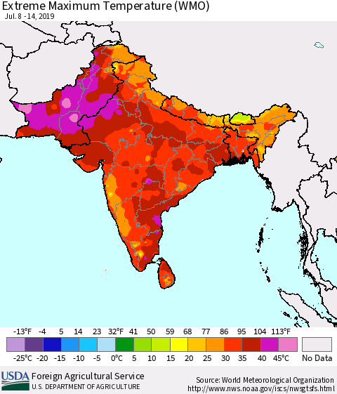 Southern Asia Extreme Maximum Temperature (WMO) Thematic Map For 7/8/2019 - 7/14/2019