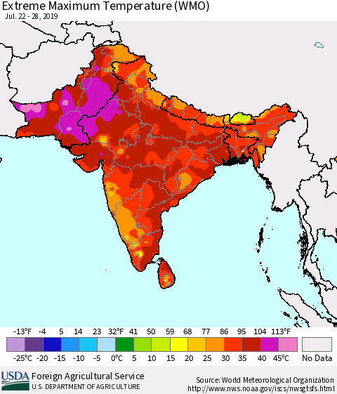 Southern Asia Extreme Maximum Temperature (WMO) Thematic Map For 7/22/2019 - 7/28/2019