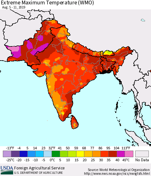 Southern Asia Extreme Maximum Temperature (WMO) Thematic Map For 8/5/2019 - 8/11/2019