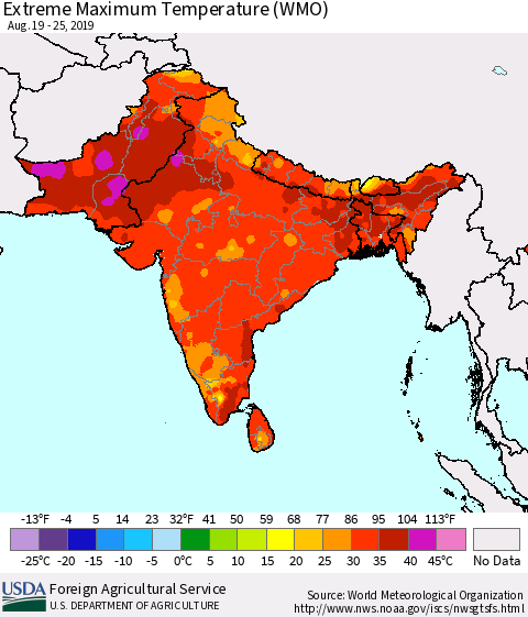 Southern Asia Extreme Maximum Temperature (WMO) Thematic Map For 8/19/2019 - 8/25/2019