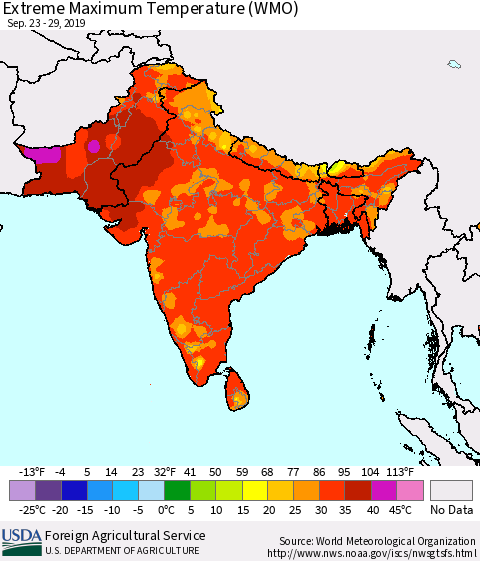 Southern Asia Extreme Maximum Temperature (WMO) Thematic Map For 9/23/2019 - 9/29/2019