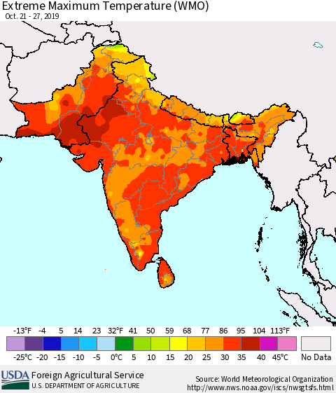 Southern Asia Maximum Daily Temperature (WMO) Thematic Map For 10/21/2019 - 10/27/2019