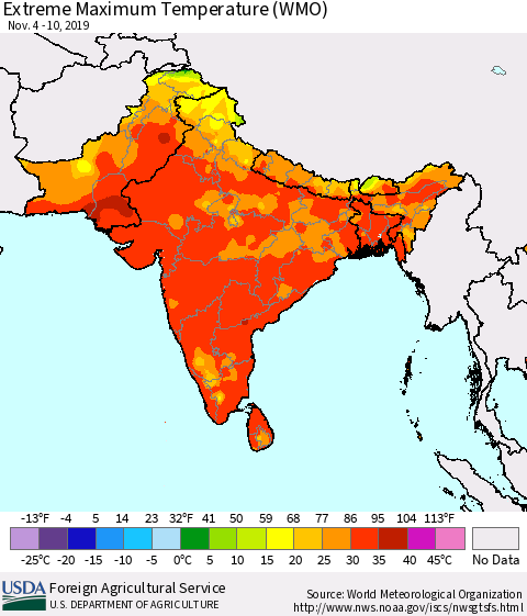 Southern Asia Maximum Daily Temperature (WMO) Thematic Map For 11/4/2019 - 11/10/2019