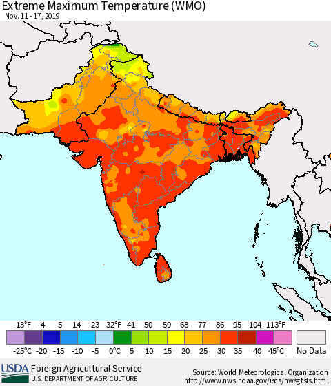 Southern Asia Maximum Daily Temperature (WMO) Thematic Map For 11/11/2019 - 11/17/2019