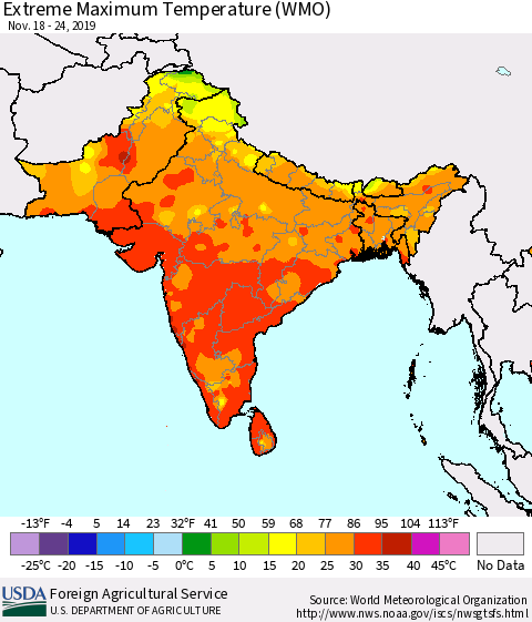 Southern Asia Maximum Daily Temperature (WMO) Thematic Map For 11/18/2019 - 11/24/2019