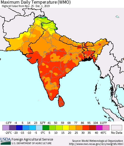 Southern Asia Maximum Daily Temperature (WMO) Thematic Map For 11/25/2019 - 12/1/2019