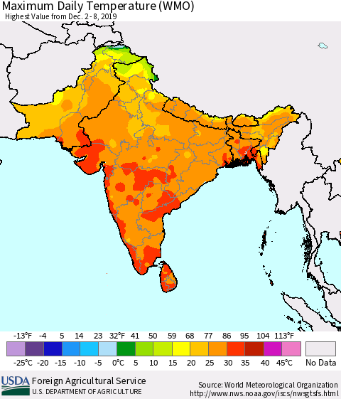 Southern Asia Maximum Daily Temperature (WMO) Thematic Map For 12/2/2019 - 12/8/2019