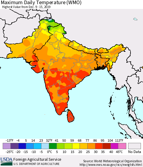 Southern Asia Maximum Daily Temperature (WMO) Thematic Map For 12/9/2019 - 12/15/2019