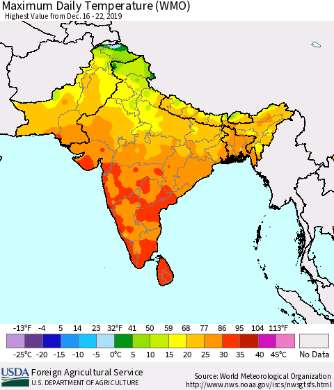 Southern Asia Maximum Daily Temperature (WMO) Thematic Map For 12/16/2019 - 12/22/2019
