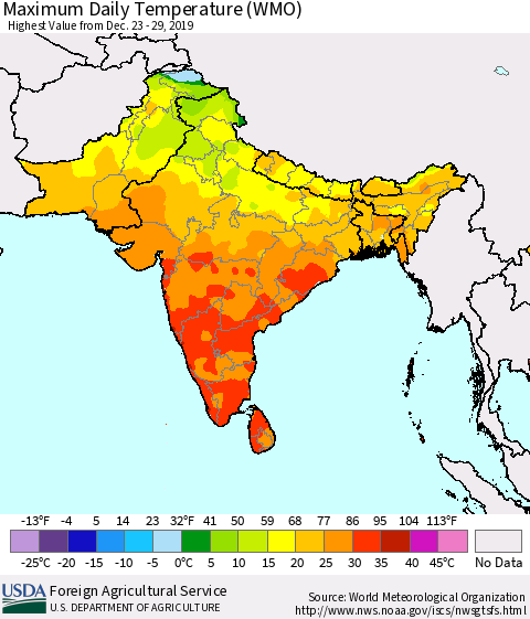 Southern Asia Maximum Daily Temperature (WMO) Thematic Map For 12/23/2019 - 12/29/2019