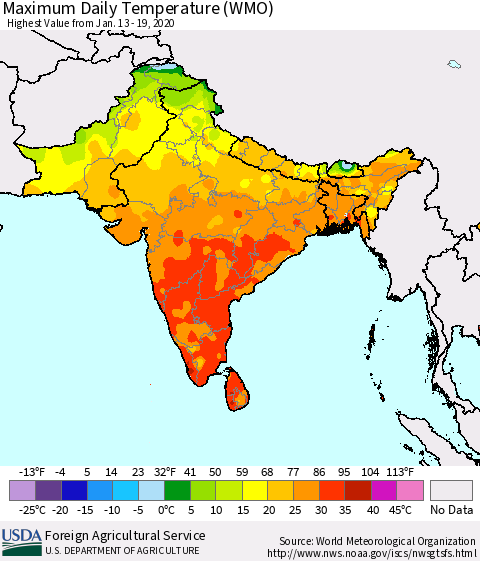 Southern Asia Maximum Daily Temperature (WMO) Thematic Map For 1/13/2020 - 1/19/2020