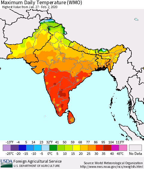 Southern Asia Maximum Daily Temperature (WMO) Thematic Map For 1/27/2020 - 2/2/2020