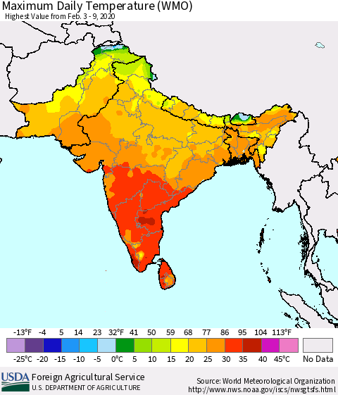 Southern Asia Maximum Daily Temperature (WMO) Thematic Map For 2/3/2020 - 2/9/2020