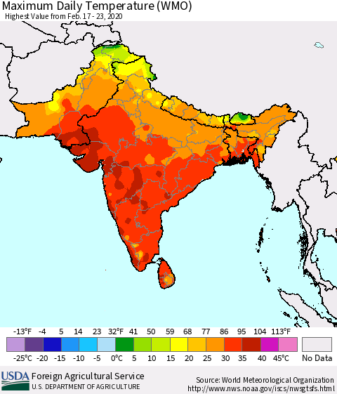 Southern Asia Maximum Daily Temperature (WMO) Thematic Map For 2/17/2020 - 2/23/2020