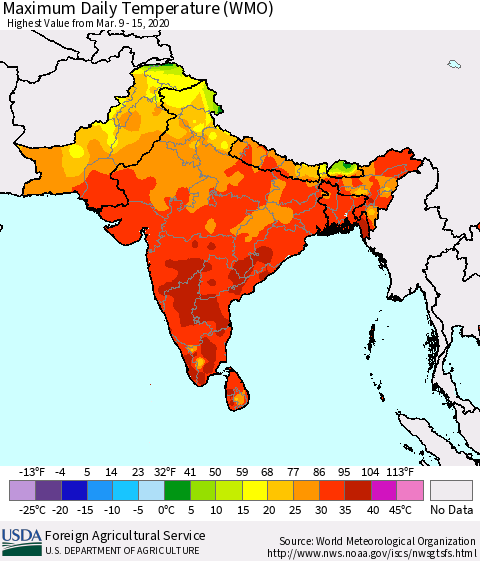 Southern Asia Maximum Daily Temperature (WMO) Thematic Map For 3/9/2020 - 3/15/2020