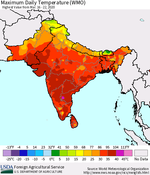 Southern Asia Maximum Daily Temperature (WMO) Thematic Map For 3/16/2020 - 3/22/2020