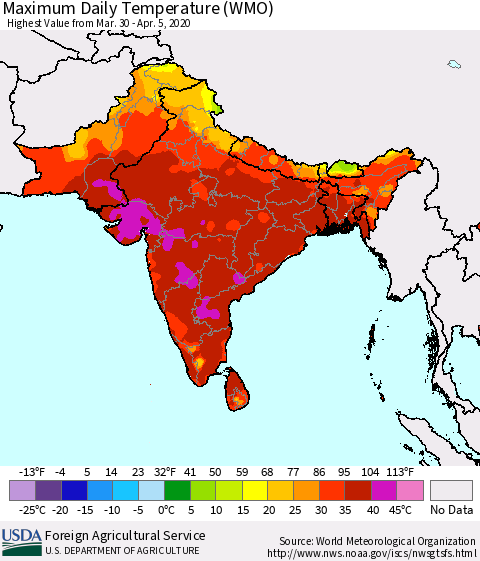 Southern Asia Maximum Daily Temperature (WMO) Thematic Map For 3/30/2020 - 4/5/2020