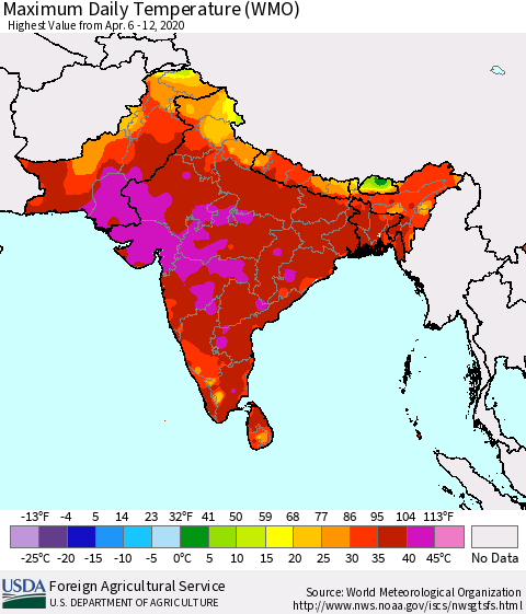 Southern Asia Maximum Daily Temperature (WMO) Thematic Map For 4/6/2020 - 4/12/2020
