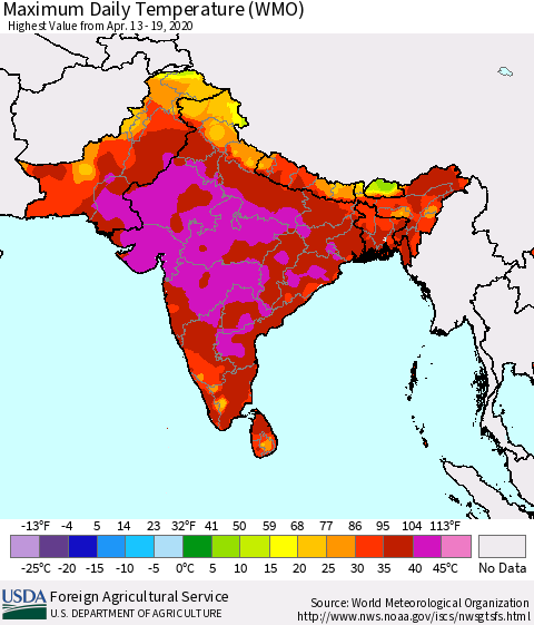 Southern Asia Maximum Daily Temperature (WMO) Thematic Map For 4/13/2020 - 4/19/2020