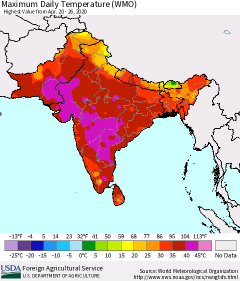 Southern Asia Maximum Daily Temperature (WMO) Thematic Map For 4/20/2020 - 4/26/2020