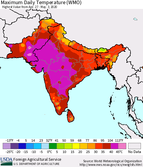 Southern Asia Maximum Daily Temperature (WMO) Thematic Map For 4/27/2020 - 5/3/2020