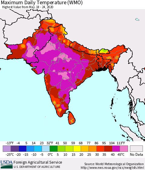 Southern Asia Maximum Daily Temperature (WMO) Thematic Map For 5/18/2020 - 5/24/2020