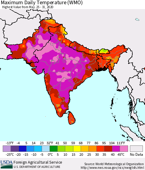 Southern Asia Maximum Daily Temperature (WMO) Thematic Map For 5/25/2020 - 5/31/2020
