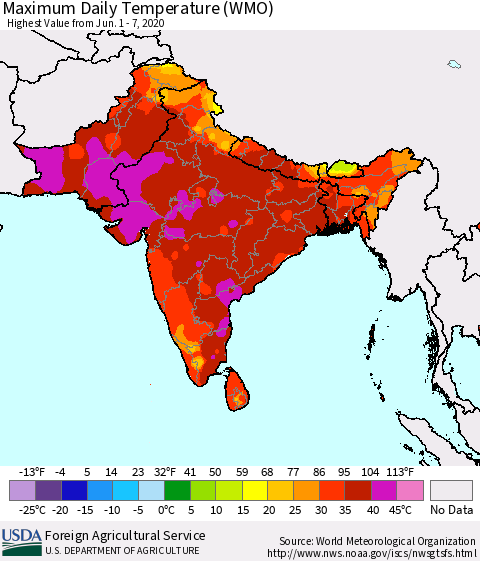 Southern Asia Maximum Daily Temperature (WMO) Thematic Map For 6/1/2020 - 6/7/2020