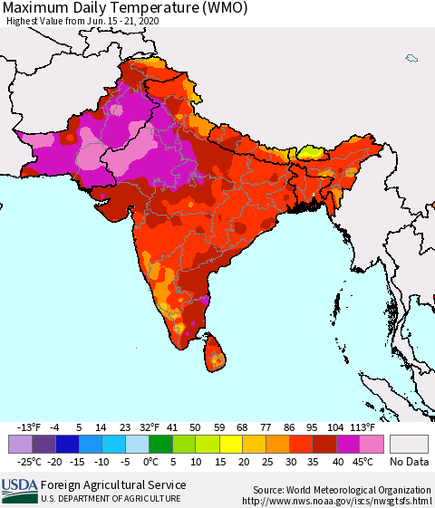 Southern Asia Maximum Daily Temperature (WMO) Thematic Map For 6/15/2020 - 6/21/2020