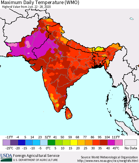 Southern Asia Maximum Daily Temperature (WMO) Thematic Map For 6/22/2020 - 6/28/2020